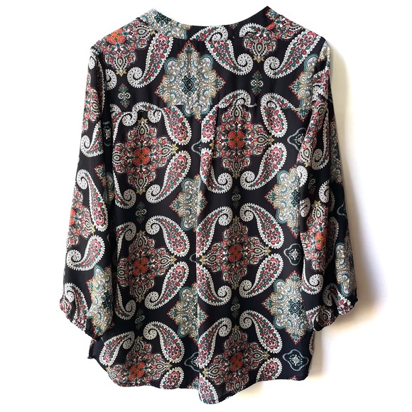 Alice Blue Black Multicolor Paisley Floral Print Split Neck Long Sleeve Top - Picture 6 of 14